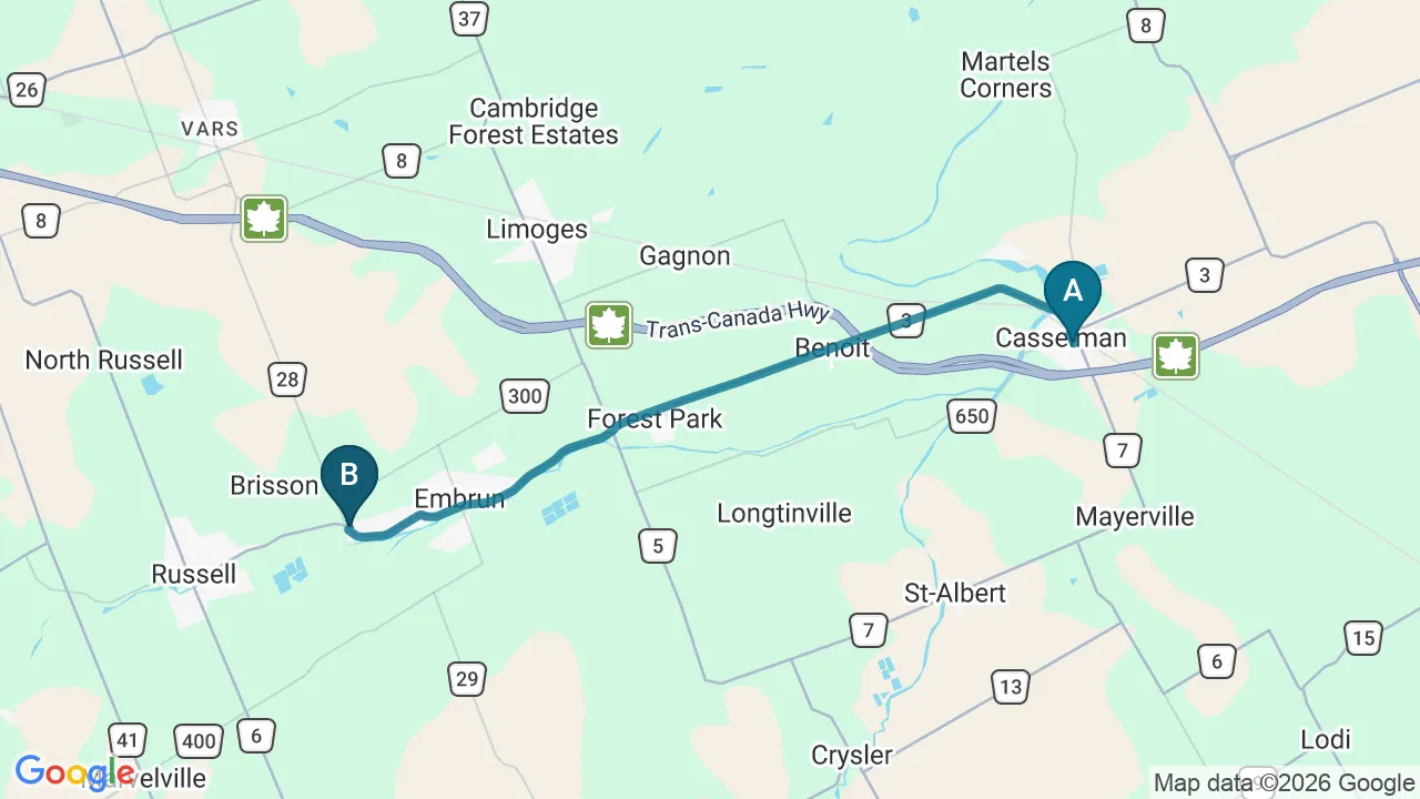 Driving directions map from Casselman, ON to Embrun Chiropractic Clinic in Embrun