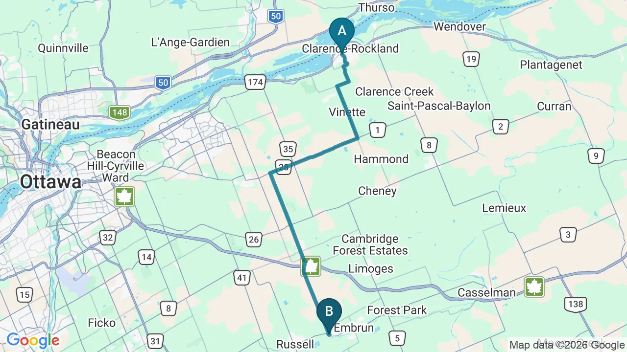 Driving directions map from Rockland, ON to Embrun Chiropractic Clinic in Embrun